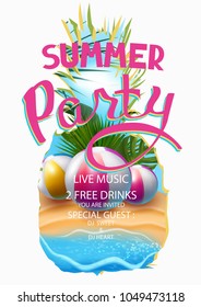 Summer party banner with pineapple frame and summer landscape in it. Vector illustration