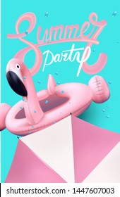 Summer party banner with pink beach design elements. Vector illustration
