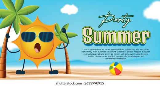 Summer party banner with sun character