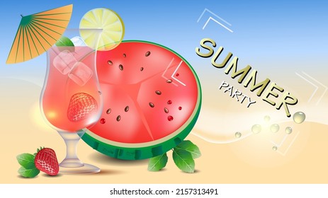 Summer party banner template. Juicy watermelon and exotic cocktail 
