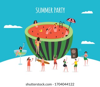 Summer party banner template with oversize watermelon and people cartoon characters, flat vector illustration. Swimming pool and cocktail party background.