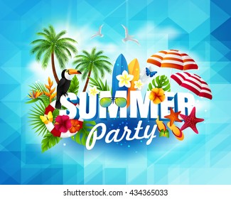 Summer  party banner. Text standing on tropical island with blue sky and sun rays background, palm trees, surf boards, jungle leaves, flowers and umbrellas