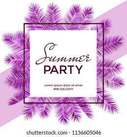 Summer party banner vector illustration. Square frame with white background, purple and violet palm tree branches, tropical jungle leaves border. Place for date and random text.