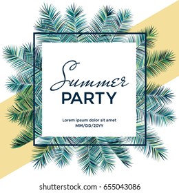 Summer party banner vector illustration. Square frame with white background, blue and green palm tree branches, tropical jungle leaves border. Place for date and random text.
