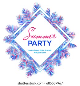 Summer party banner vector illustration. Rhombus frame with white background, blue and pink palm tree branches, tropical jungle leaves border. Place for date and random text summer frame design.