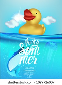 Summer party banner with yellow rubber duck in a water. Vector illustration