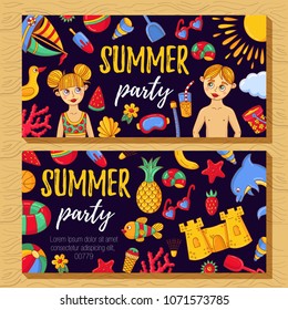 Summer party banners templates with doodle beach icons and cute male and female characters colorful vector 
