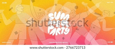 Summer Party Beach Character with Friends and Girls on A Banner in the Sand with Music. A Pool Festival with Beautiful Gradient Colors Celebrating A Cheerful Holiday by the Sea. Young Woman