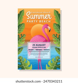 Summer Party Beach Flamingo Flat Style Poster Template