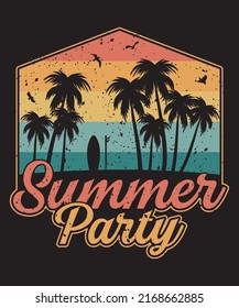 Summer party beach palm tree sunset style retro vintage t-shirt design vector t-shirt design