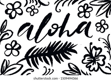 Summer party beach poster. Aloha lettering. Vector floral background with hand drawn palm leaves. Vintage ribbon.