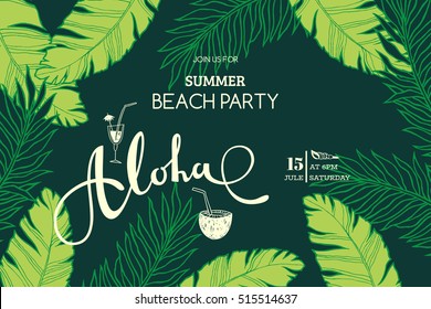 Summer party beach poster. Aloha lettering. Vector floral background with hand drawn palm leaves