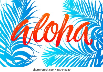 Summer party beach poster. Aloha lettering. Vector floral background with hand drawn palm leaves. Vintage ribbon.