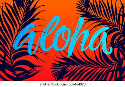 Summer party beach poster. Aloha lettering. Vector floral background with hand drawn palm leaves.