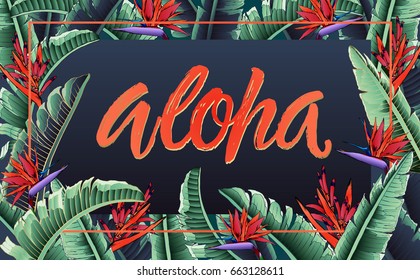 Summer party beach poster. Aloha lettering. Vector floral background with hand drawn palm leaves.