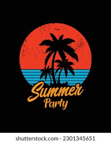 Summer Party Beach Vacation T-shirts, Retro Vintage Colour Palm Tree Vector Retirement Beach Theme Vector Design Template
