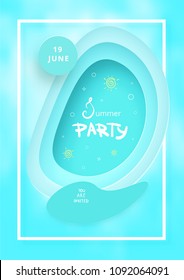 Summer Party blue flyer.  Paper cut effect. Vertical  template for summer holiday design. Vector illustration.