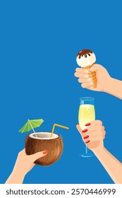 Summer party blue vector background with hands holding drinks and ice cream