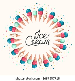 Summer party border. Colorful frame with ice cream cones and lettering.  Festival background with cold yogurt, caramel.