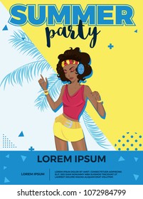Summer party bright vector poster with dancing girl.
