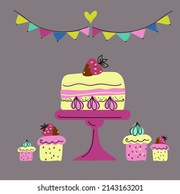 Summer Party Cake And Dessert In Cake Stands, Holiday Garland, Cartoon Doodle Hand Drawn Style Vector Art.