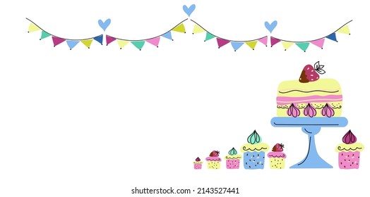 Summer Party Cake And Dessert In Cake Stands, Banner,  Invitation, Holiday Garland, Cartoon Doodle Hand Drawn Style Vector Art.