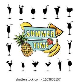 Summer party card background with tropical fruit and cocktail glasses set. Summer time bckground