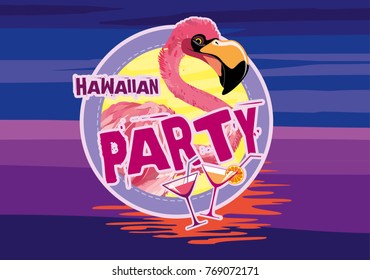 Summer party. Card with flamingo and  tropical cocktails. Vector illustration