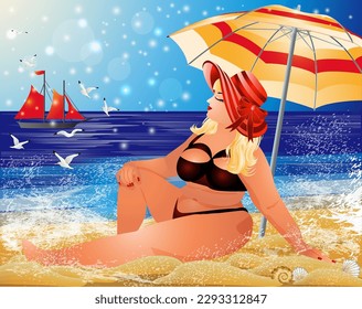 Tarjeta de fiesta de verano, más mujer de tamaño en la playa tropical, ilustración vectorial