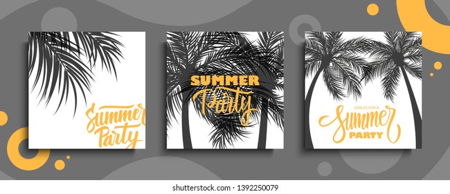 Summer Party cards set. Summertime party tropical backgrounds with hand drawn lettering Summer Party and palm trees. Vector illustration.