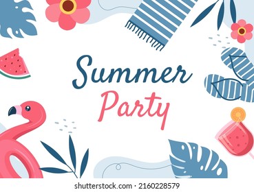 Summer Party Cartoon Background Illustration with Tropical Plants, Equipment on the Beach for Poster or Greeting Card Design