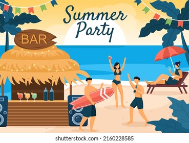 Summer Party Cartoon Background Illustration with Tropical Plants, Equipment on the Beach for Poster or Greeting Card Design