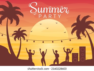 Summer Party Cartoon Background Illustration with Tropical Plants, Equipment on the Beach for Poster or Greeting Card Design