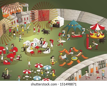 Summer Party Cartoon with lots of young people having fun in old stadium. Elements in illustration are isolated, with gradients and in eps10vector mode.