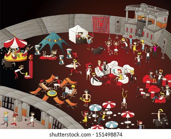 Summer Party Cartoon at Night with lots of young people having fun in old stadium. Elements in illustration are isolated, with gradients and in eps10vector mode.