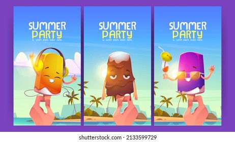 Summer party cartoon posters with ice cream characters. Invitation flyers with hand holding funny popsicle personages wear sunglasses and drinking cocktail. Invite to resort event, Vector illustration