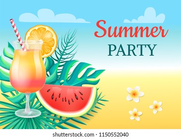 Summer party cocktail party vector. Watermelon slice, lush fruit with seeds, flowers with tropical plants leaves and branches. Sky with clouds above