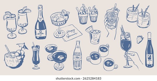 Summer party cocktails and drinks doodles. Holiday elements. Beverages drawings. Hand drawn illustration of glasses, goblets with fruits. Bottle sketches isolated. Graphic background.