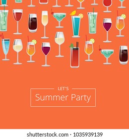 It's summer party cocktails poster with different long drinks decorated by umbrellas and straws isolated on orange background vector illustration banner