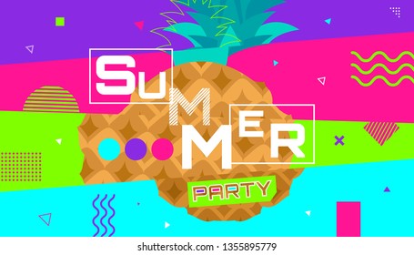 summer party colorful banner flyer with pineapple and geometric shapes distortion effect memphis style