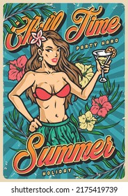 Summer party colorful vintage flyer invitation with girl in Hawaiian swimsuit with cocktail and inscriptions about beach holiday vector illustration