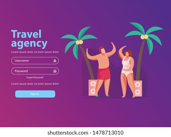 Summer party concept background website sign in page with buttons and tourist characters at seasonal vacation vector illustration