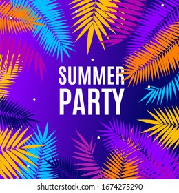 Summer Party Concept Banner Poster Card with Color Palm Branch Leaf for Club, Concert or Festival. Vector illustration