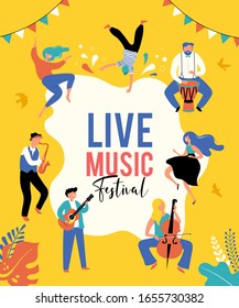Summer Party, concept of live music festival, jazz and rock, food street fair, event poster and banner. People dance and play music. Vector design and illustration