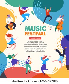 Summer Party, concept of live music festival, jazz and rock, food street fair, family fair, event poster and banner. People dance and play music. Vector design and illustration
