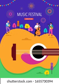 Summer Party, concept of live music festival, jazz and rock, food street fair, family fair, event poster and banner. People dance and play music. Vector design and illustration