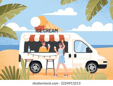 Concepto de fiesta de verano. Hombre y mujer con helado en la playa. Pareja joven descansando, vendedor y comprador. Símbolo de la temporada de calor y verano. Afiche o pancarta. Dibujo vectorial plano de dibujos animados