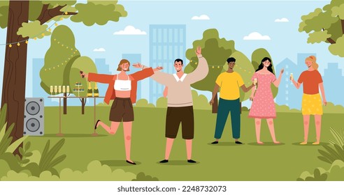 Summer party concept. Picnic and outdoor recreation, man and woman with drinks, alcohol and food dancing. Fun and entertainment, weekends and holidays on nature. Cartoon flat vector illustration