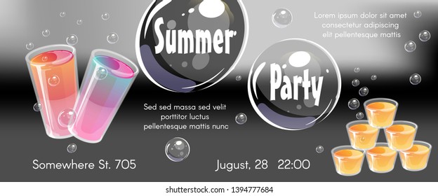 Summer party concept. Template for invitation flyer, banner or poster. Colorful jello shots and bright white bubbles on black background. Vector illustration.