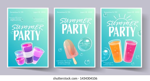 Summer party concept. Template set for invitation flyer, banner or poster. Colorful jelly and cocktail shots and bubbles on bright violet background. Vector illustration.